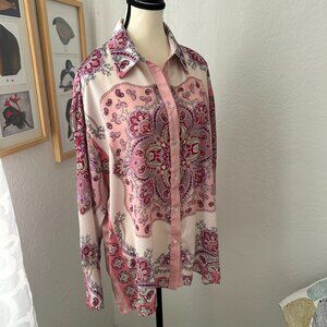 Zara Satin Blouse Pink White Paisley Women Large